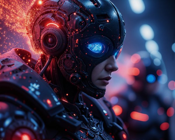 Futuristic Cybernetic Figure with High-Tech Armor