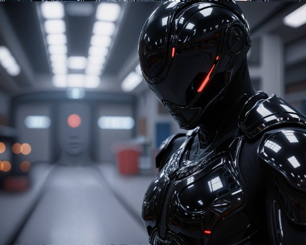 Futuristic Robot with Black Armor and Red Accents