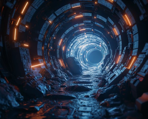 Futuristic Circular Tunnel with Orange Lighting and Screens