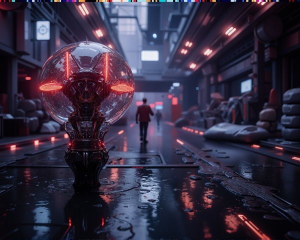 Futuristic corridor with neon lights and glass orb