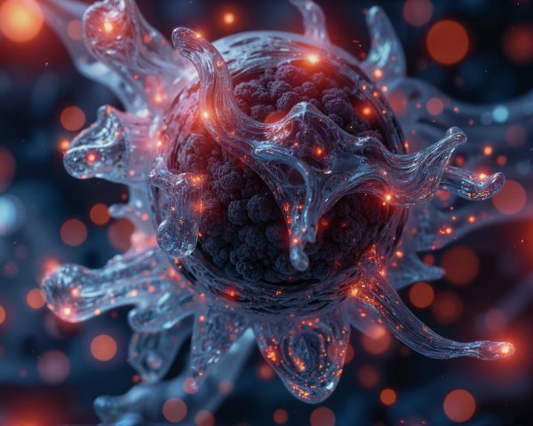 Glowing Microscopic Structure with Tendrils in Dark Background