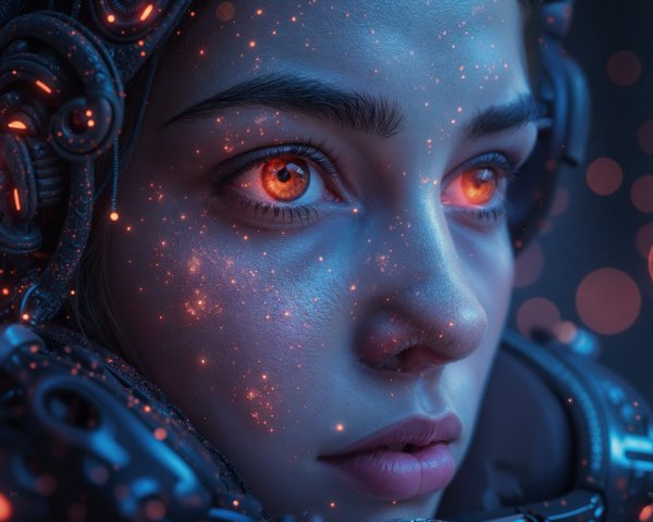Close-Up of a Face with Orange Eyes and Blue Tones