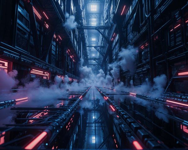 Futuristic Corridor with Neon Lights and Industrial Design