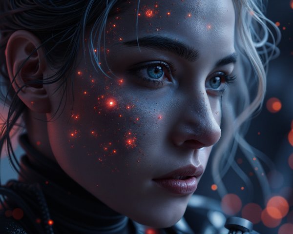 Close-up of a woman's face with glowing sparkles