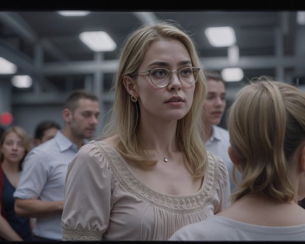 Young Woman in Thoughtful Engagement in Crowded Room