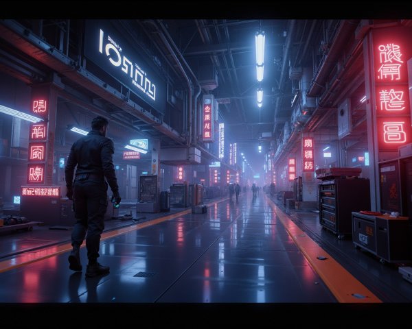 Futuristic alleyway with neon signs and technology