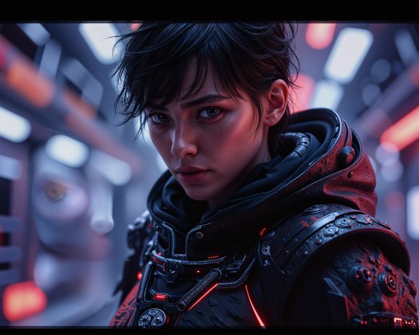 Close-Up Portrait of a Young Woman in Sci-Fi Setting