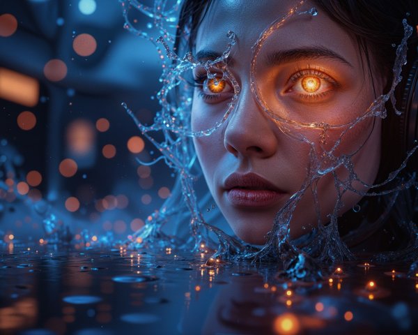 Close-Up Portrait of Woman with Glowing Orange Eyes