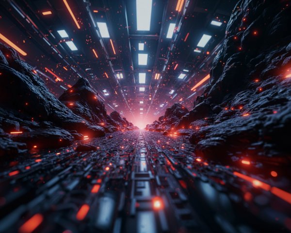 Futuristic Landscape with Dark Terrain and Ethereal Light