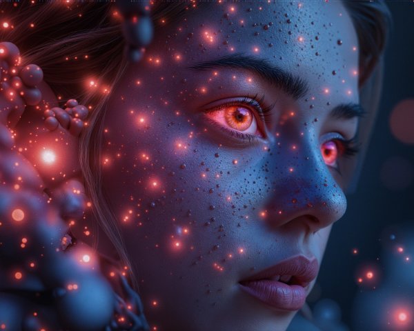 Close-up of a face with glowing red eyes and freckles