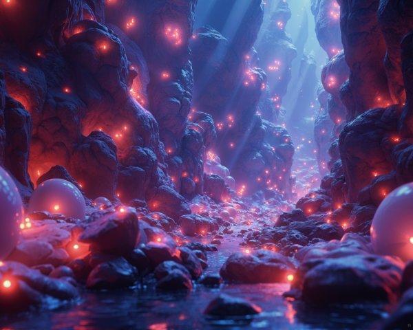 Surreal Canyon with Glowing Orbs and Luminous Rocks
