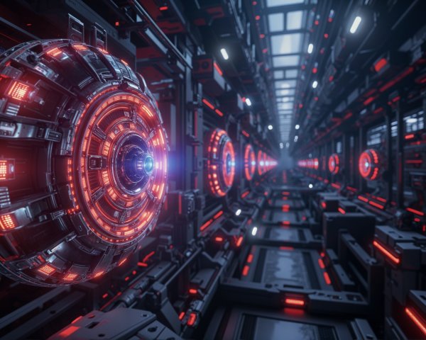 Futuristic corridor with glowing red spheres and tech