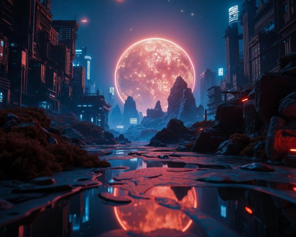 Futuristic cityscape under a glowing moonlight