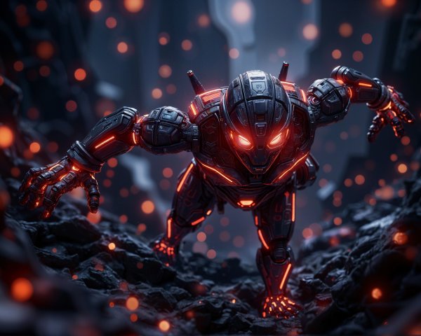 Futuristic robotic figure in a dark rocky setting