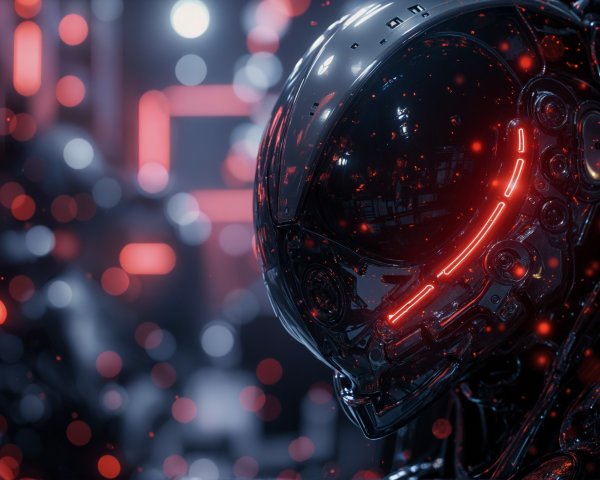 Futuristic robotic helmet with glowing red accents