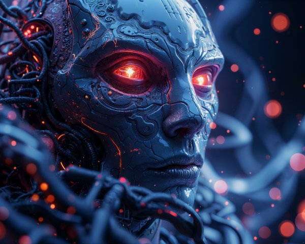 Futuristic humanoid face with metallic details and red eyes