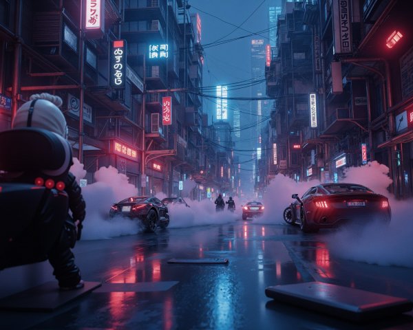 Neon-Lit Cyberpunk City with Skyscrapers and Fog