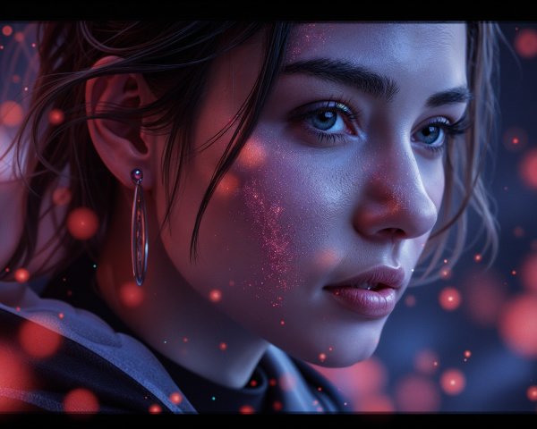 Close-up of a young woman with blue eyes and glowing background