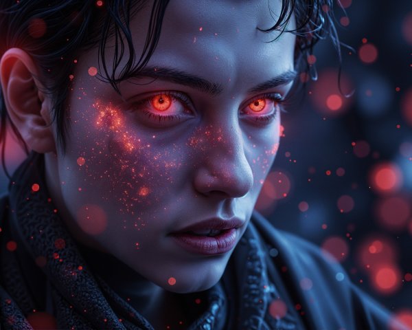 Close-up Portrait of a Young Person with Red Eyes