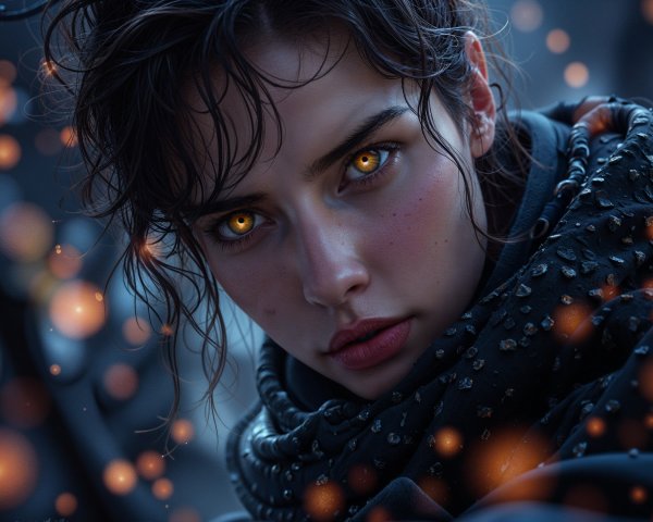 Close-Up of Young Woman with Golden Eyes and Cloak