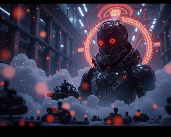Futuristic Warehouse with Robotic Figure and Mist