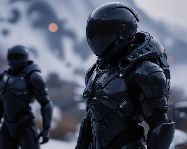 Futuristic Figures in Black Armor in Icy Landscape