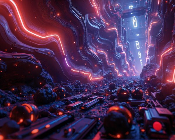 Futuristic Corridor with Neon Colors and Organic Shapes