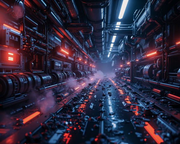Futuristic Industrial Corridor with Red Lights and Mist