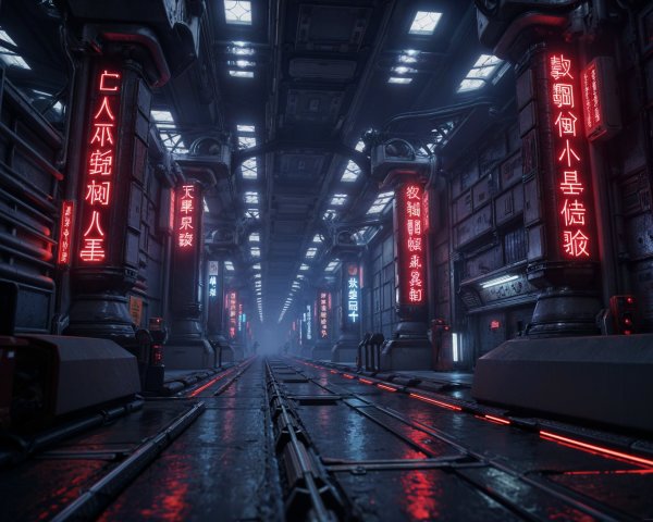 Futuristic Corridor with Neon Signs and Fog Effects