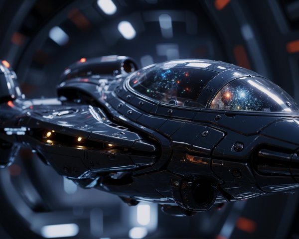Futuristic spaceship in high-tech tunnel with cosmos views
