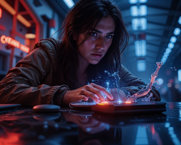 Futuristic Scene of a Woman with a Glowing Device