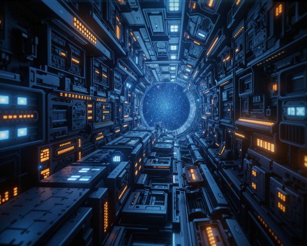 Futuristic Tunnel Interior with Glowing Lights and Portal
