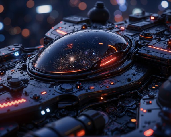 Futuristic spacecraft with glowing details and galaxies