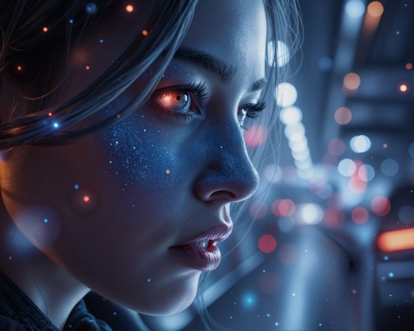 Close-up Portrait of a Young Woman with Glitter and Bokeh