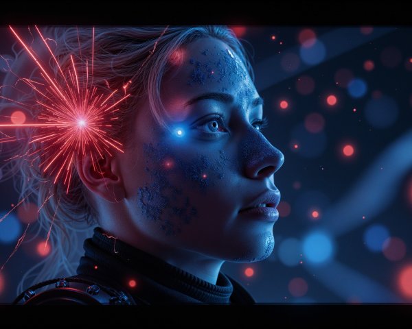 Futuristic Woman with Glitter Patterns in Vibrant Lights