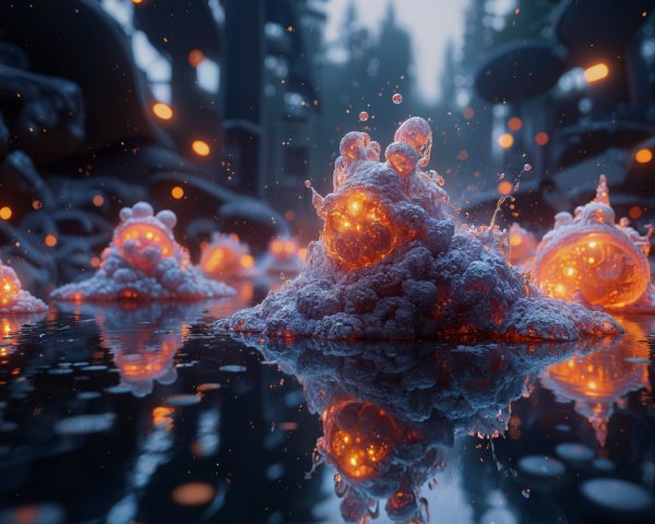 Surreal Landscape with Glowing Bubbly Formations
