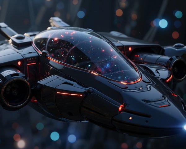 Futuristic spaceship with glossy black exterior and red accents