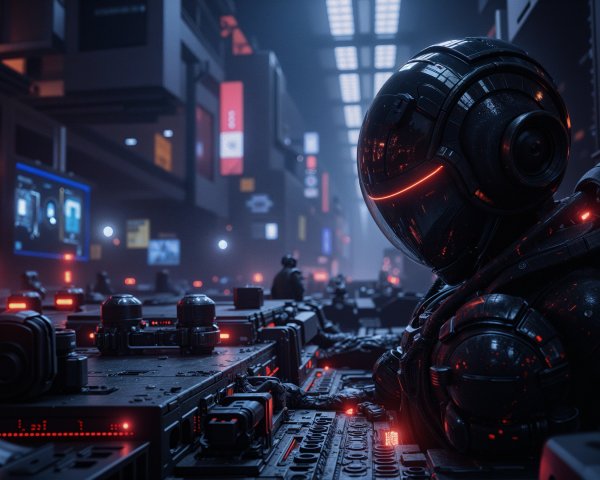 Futuristic Robotic Figure in Neon-Lit Control Station