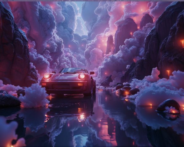 Vibrant Dreamlike Landscape with Classic Car and Clouds