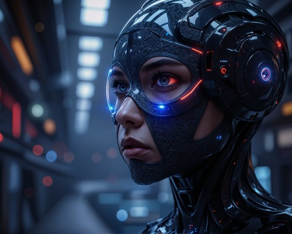 Futuristic humanoid android in high-tech setting