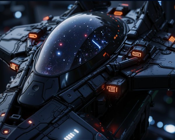Futuristic spacecraft with sleek design and cosmic cockpit