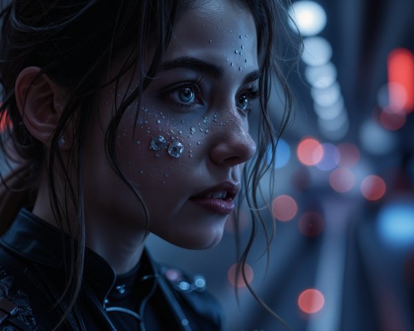 Young Woman in Futuristic Aesthetic with Cyberpunk Background