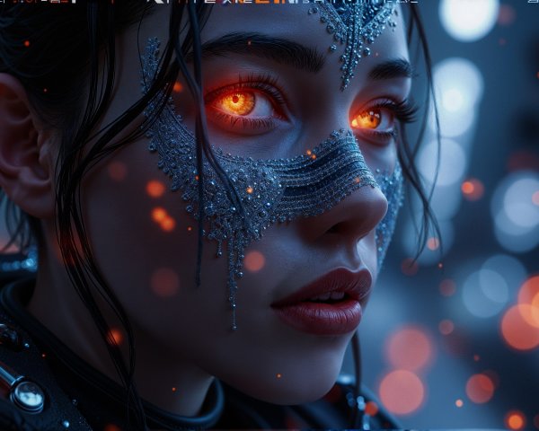 Close-Up of Young Woman with Orange Eyes and Adornments