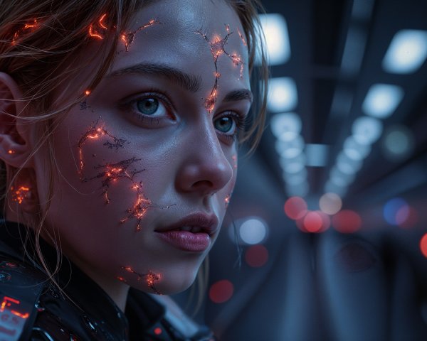 Close-Up Portrait of a Young Woman with Circuit Patterns