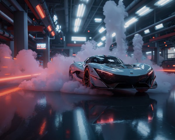 Futuristic Supercar in High-Tech Garage with Smoke