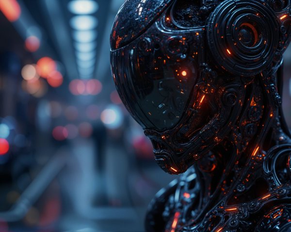 Futuristic Robotic Figure in Dimly Lit Urban Setting