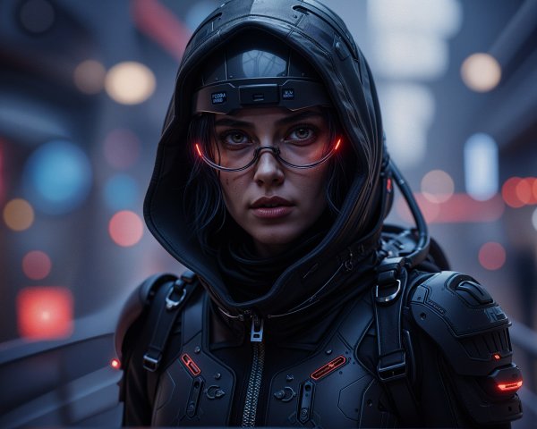 Futuristic Woman in High-Tech Black Outfit in Cyberpunk City