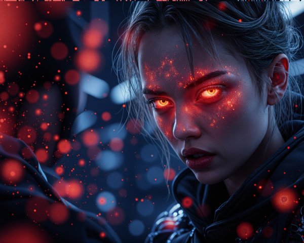 Portrait of a Young Woman with Red Eyes and Light Effects