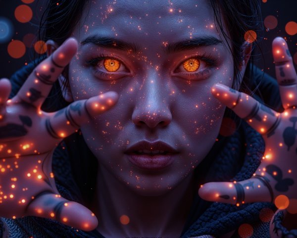 Close-up of a person with glowing orange eyes and tattoos