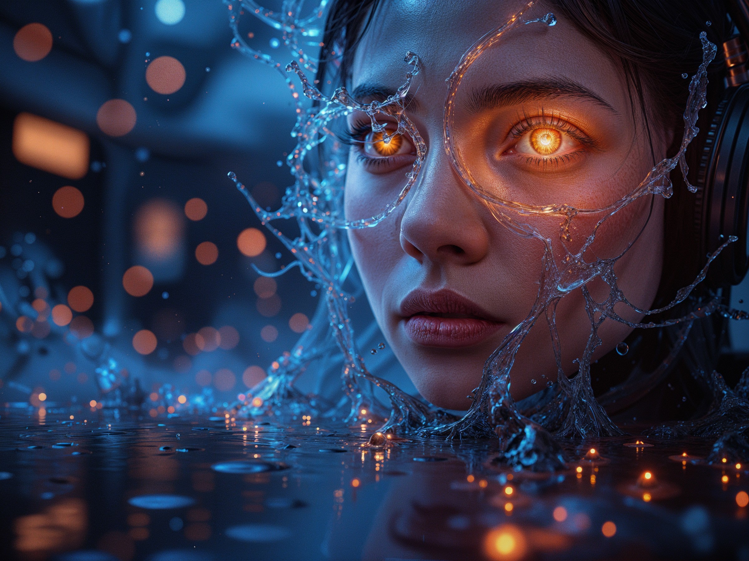 Close-Up Portrait of Woman with Glowing Orange Eyes
